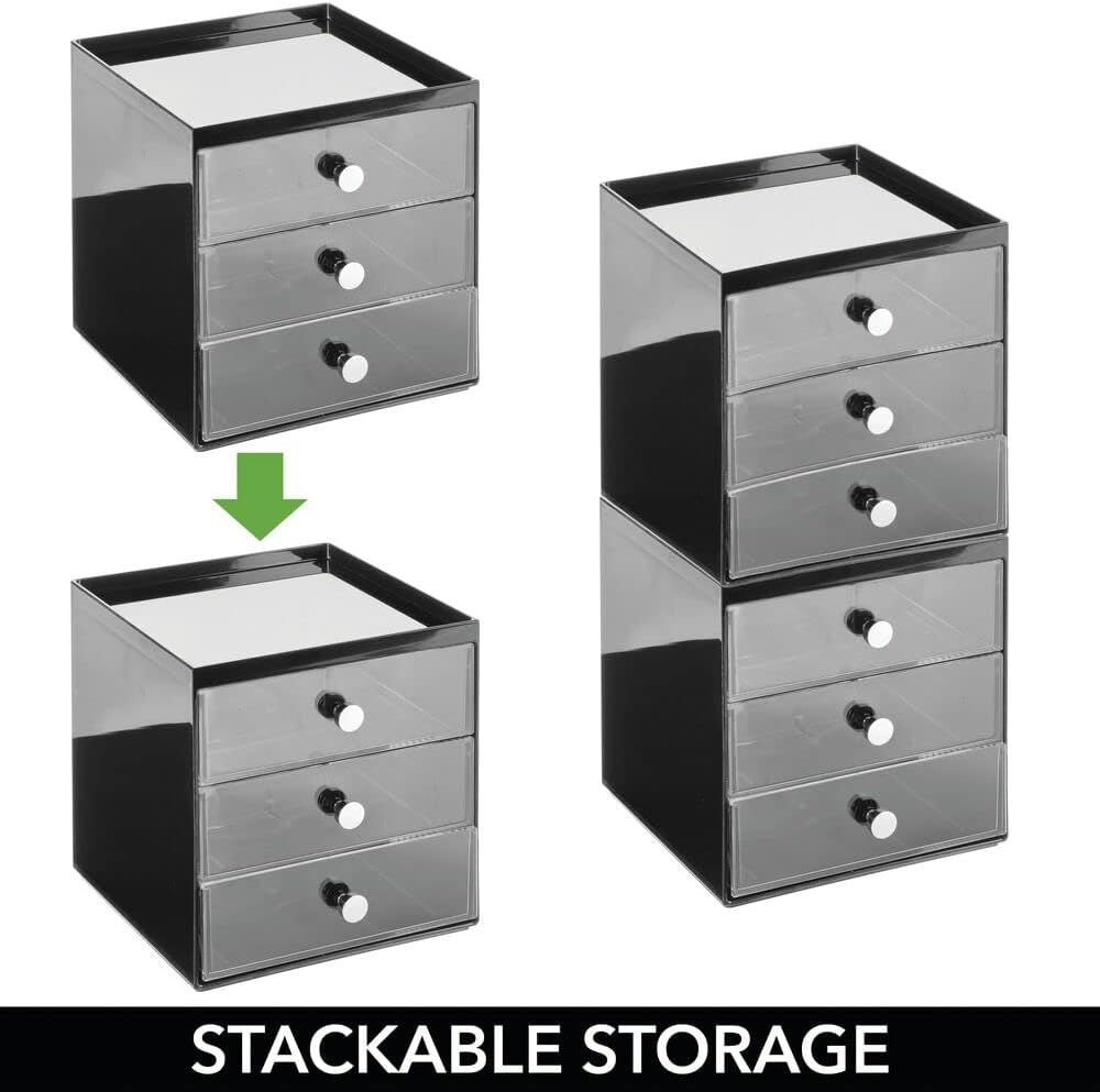 mDesign Plastic 3-Drawer Organizer for Makeup Storage - 3-Tier Storage Organizer - Stackable Organization with Pull-Out Drawers for Bathroom, Vanity, or Desk - Lumiere Collection, Black/Clear