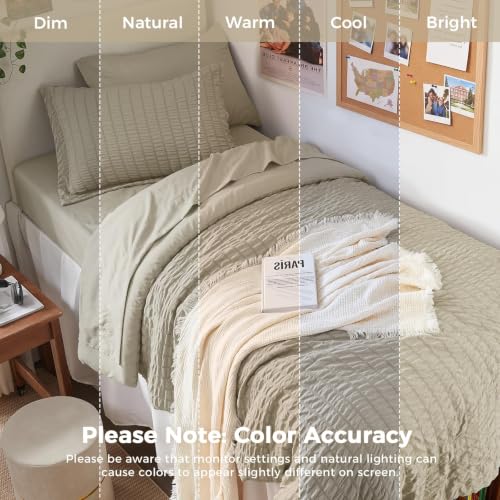 Image of HYMOKEGE Linen Twin Comforter Set Seersucker 5 Pieces, All Season Luxury Bed in a Bag for Bedroom, Bedding Set with Comforter, Sheets, Pillowcase & Sham