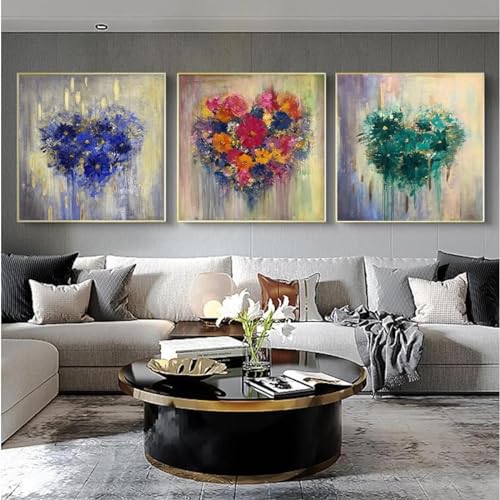 Art abstrait sur toile de fleurs modernes pour salon chaleureux - Lot de 3 affiches murales 70x70 cm