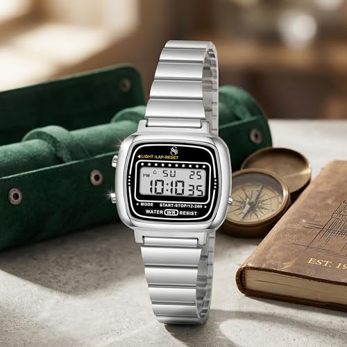 Image of Shocknshop Digital Square Small Dial LED Ladies Stainless Steel Strap Watch for Women and Girls -WCH385