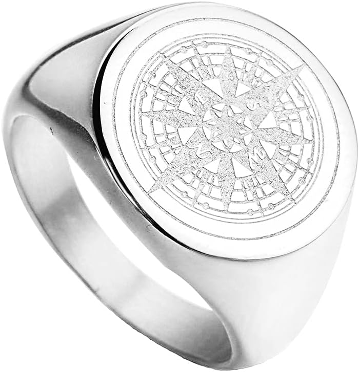 OAKKYMen's Stainless Steel Stars Vintage Round Compass Signet Ring (Multi Colors)