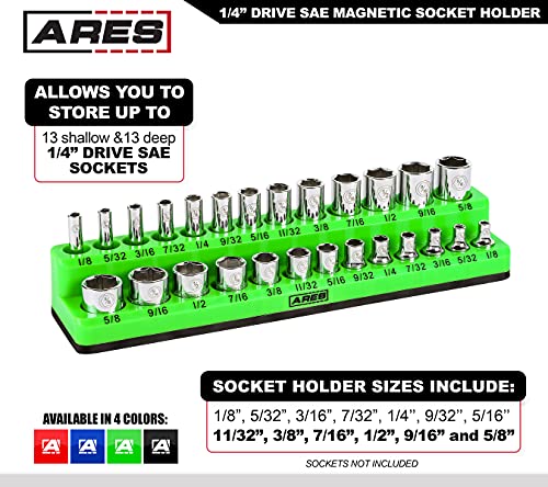 Image of ARES 60005 - Green 26-Piece 1 /4-Inch SAE Magnetic Socket Organizer - 13 Standard Size and 13 Deep Size Socket Holder - Keeps Your Tool Box Organized
