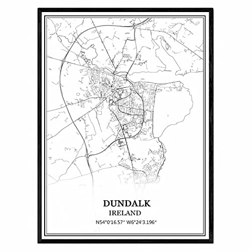 Dundalk Irlanda Mapa de pared arte lienzo impresión cartel obra de arte sin marco moderno mapa en blanco y negro recuerdo regalo decoración del hogar -11x14 inches Cover