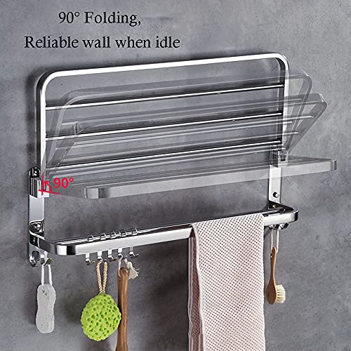 Toallero de acero inoxidable 304 con estante plegable de 60cm y 5 ganchos móviles para baño 6