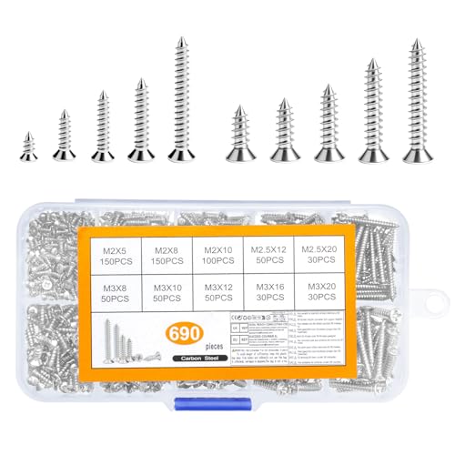 690Stk M2,M3 Kleine Schrauben Set, Kleine Holzschrauben Set, Blechschrauben Selbstschneidende Schrauben Set,Flachkopfschrauben Kreuzkopf Senkkopfschrauben,Mini Schraubenset,Modellbau Schrauben(Silber)