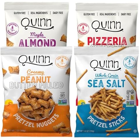 Quinn Pretzel Nuggets Quinntessential Pack - Made with Real Ingredients, Whole Grain Sorghum, Vegan, Gluten Free, Dairy Free, Non-GMO - Peanut Butter, Pizzeria, Sea Salt Stick, Maple (Pack of 4) Cover