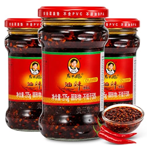 Salsa Picante de Chile Crujiente, aceite picante, textura crujiente, aroma intenso y equilibrio entre picante y sabor tostado, Apto para noodles ramen arroz dumplings, 3 unidades de 275 g