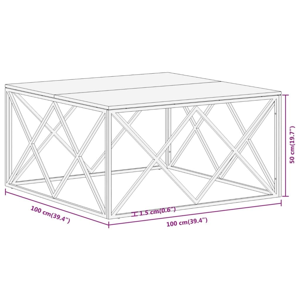 Mesa de centro plateada de acero inoxidable, tablero de madera maciza, 100 x 100 x 50 cm, muebles robustos, fáciles de limpiar, para salón elegante