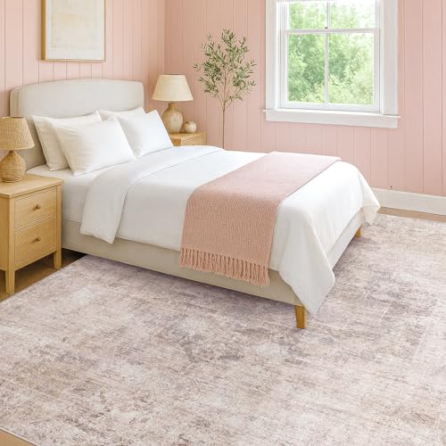 Hazo Haus Modern Washable Bedroom Area Rug 5x8, Abstract Rugs for Living Room, Dining Room, Kids Room Girls, Pink and Grey Distressed Medallion Pattern, Non Slip Low Pile Stain Resistent 5'