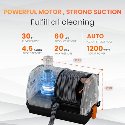 Image of Giraffe Tools Grandstorm Wall-Mounted Vacuum Cleaner with 30 FT Retractable Hose, Wet Dry Vacuum Cleaner with 6 Nozzles for Car Detailing Remote Control, Grey