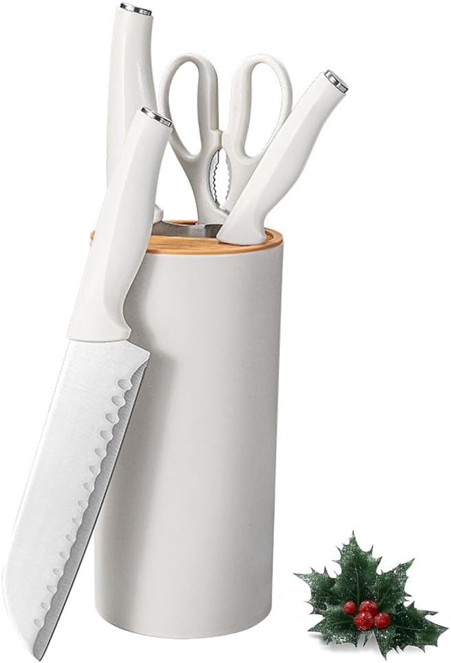 Knife Set, 5-Piece Kitchen Knife Set with Block, Super Sharp Stainless Steel Kitchen Knives with Universal Block Set, Professional Kitchen Knife Set for Chef, Anti-Rust, Anti-slip Handle, White