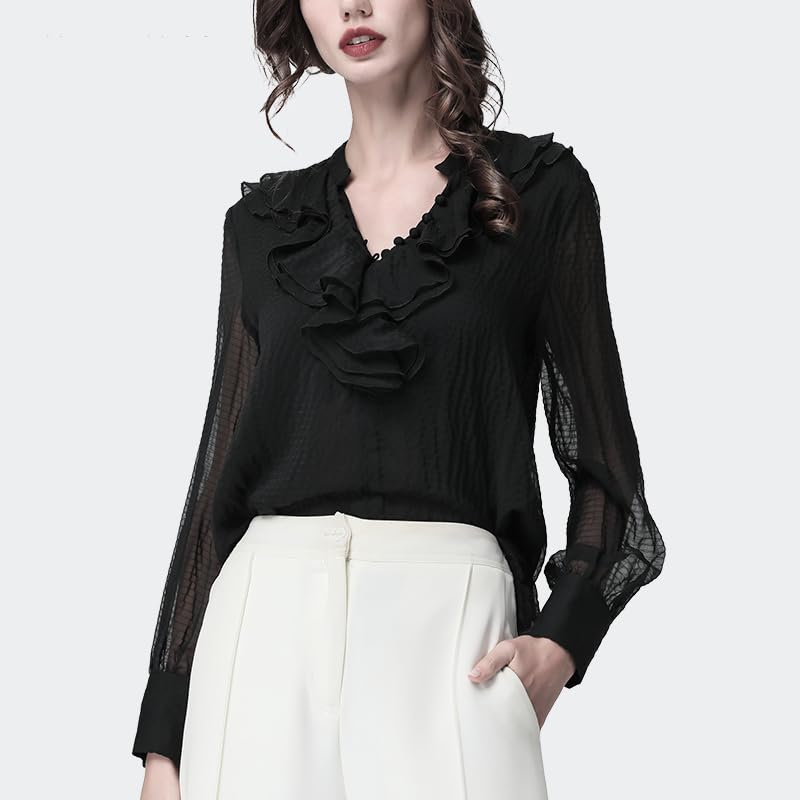 Blusa de Gasa de Manga Larga con Volantes para Mujer, Cuello en V, Color sólido, Cintura Holgada, Camisa Informal de Talla grande Recta para Primavera (En8 XL)