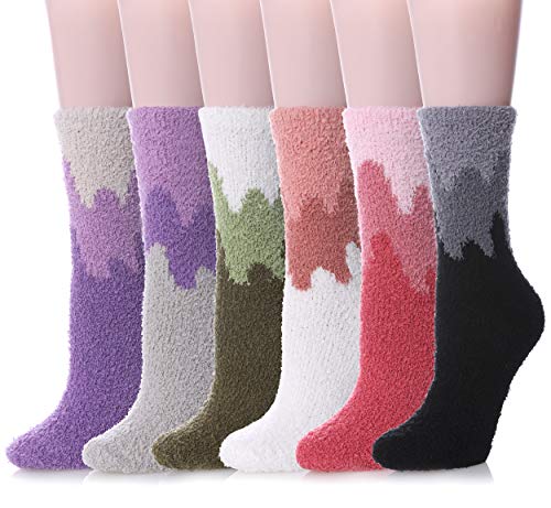 TRUEHAN Women Fuzzy Cozy Socks Fluffy Soft Plush Crew Slipper Socks Warm for Winter 5-6 Pairs (6 Pairs Solid Color)