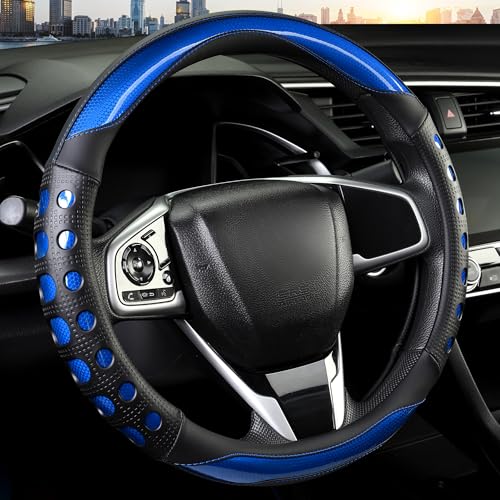 QCYP PU Leather Car Steering Wheel Cover with Anti-Slip Grip for Women and Men Universal Fit for 14.5-15 Inch Cars Trucks SUVs (Blue (Round) Medium(Standard) Size[14 1/2-15])