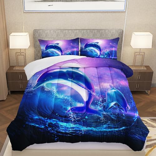 Image of AILONEN Dolphin Comforter Set Full Size, Starry Sky Sea Water Bedding Set for Kids Girls,Jumping Dolphin with Moon Bed in a Bag Duvet Set,3 Pieces,1 Quilt and 2 Pillowcases,Soft Microfiber