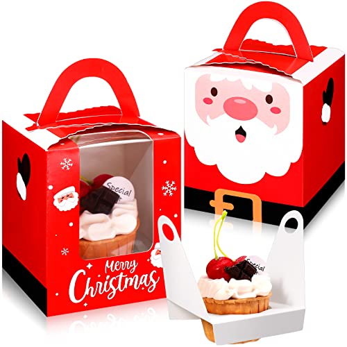 24 Pcs Christmas Cupcake Boxes Christmas Cookie Boxes with Window Insert Handle Christmas Muffin Pastry Holder Boxes Xmas Cupcake Gift Box Bakery Treat Boxes for Christmas Party (Santa Claus)