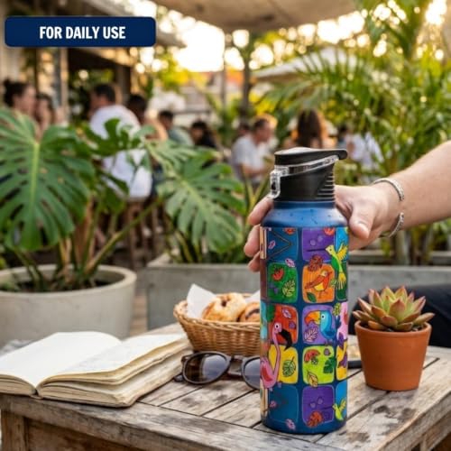 Image of VOIK Printed Stainless Steel Water Bottles for Kids, Office, Sports & Travel (750 ML) (Flamingo-Flipper)
