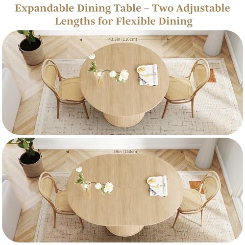 Image of weselon 43 inch-59 inch Extendable Round to Oval Dining Table with Hidden Storage, Modern Wooden Kitchen Table with Fluted Sliding Door Cabinet, Expandable Dinner Table for Dining Room Living Room (Natural)