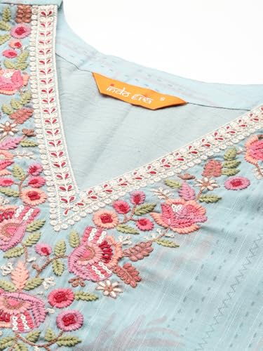 Image of INDO ERA Women's Straight Linen Floral Embroidered Kurta & Pant With Dupatta Set (IESTR10644)