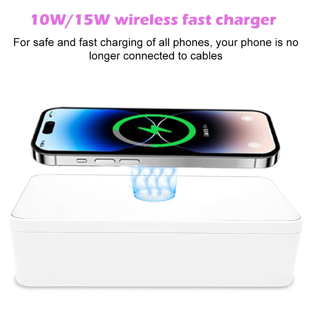 Appareil de désinfection UV pour téléphone portable, sans fil, rechargeable, avec station de charge à induction QI pour tous les types de téléphones portables, lunettes, bijoux et masques