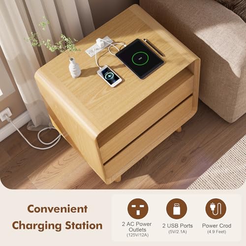 Image of Nasonet Night Stand with Charger Station, Mid Century Modern Nightstand with 2 Drawers, Wood Bedside Table for Bedroom, Curved Beveled Design, Oak