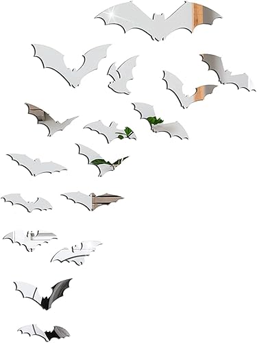 CREATCABIN Halloween Bats Acrylic Mirror Sticker 3D Wall Decal Decoration Removable Waterproof for Halloween Chrismas Holiday Party Supplies Home Window Decor 3D DIY (Style 10, 16pcs), Silver - Sliver