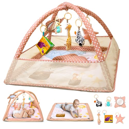 Image of 6-in-1 Baby Play Gym Activity Center, Portable Baby Activity Mat with 6 Removable Toys for Motor Skills & Sensory Development, Baby Tummy Time Play Mat for 0-18 Months, Easy Clean & Assemble (Brown)