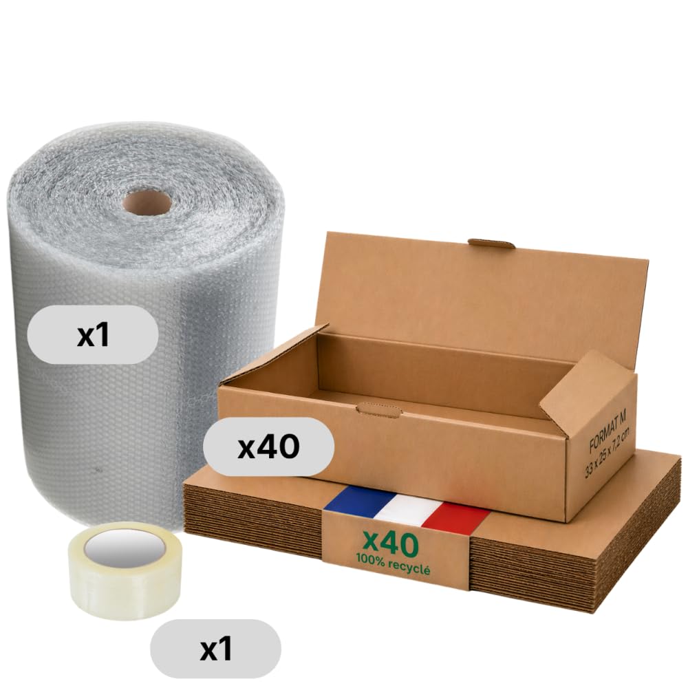 Opakowanie kartonowe M - zestaw 40 + folia bąbelkowa + klej, 33 x 25 x 7 cm, wzmocniona, odzież, akcesoria, dokumenty A4, Life Pack