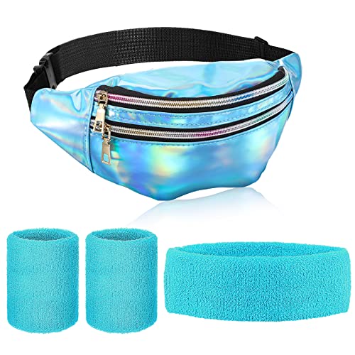4 pacotes conjunto de acessórios de disfarces dos anos 80 90, bolsa de cintura de couro PU diadema e pulseiras de suor para festa temática retro carnaval desporto, Azul claro e azul-céu, Tamanho único
