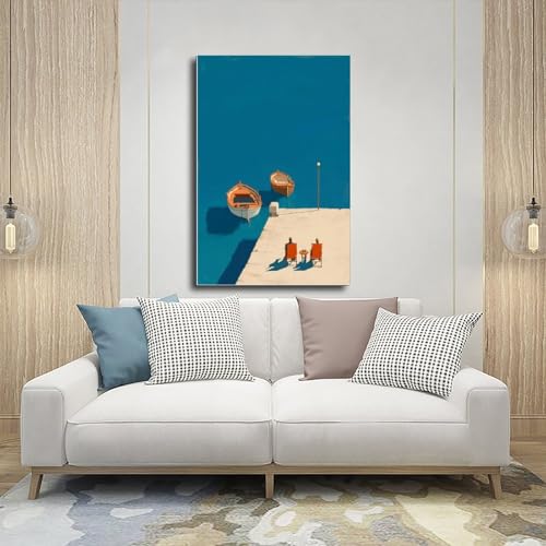 Tableau bleu méditerranéen de bateau toile minimaliste 61x91 cm