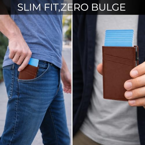 Image of VOGARD Pop-Up Card Holder for Men, RFID Blocking Slim Aluminium Case with Premium PU Leather, Automatic Card Ejector, Front Pocket Design (Tan)