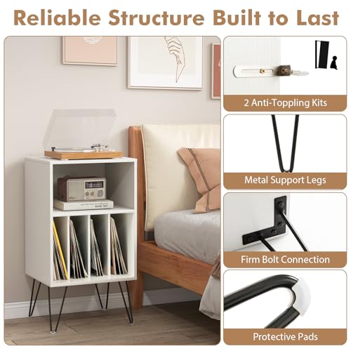 KOMFOTTEU Mesa Auxiliar con Estación de Carga, Soporte para Discos con 2 Enchufes, 1 Puerto USB y 1 Tipo C, Mesita de Noche de Madera con Compartimentos Abiertos, 48 x 40 x 88 cm (Blanco) - imagen 6