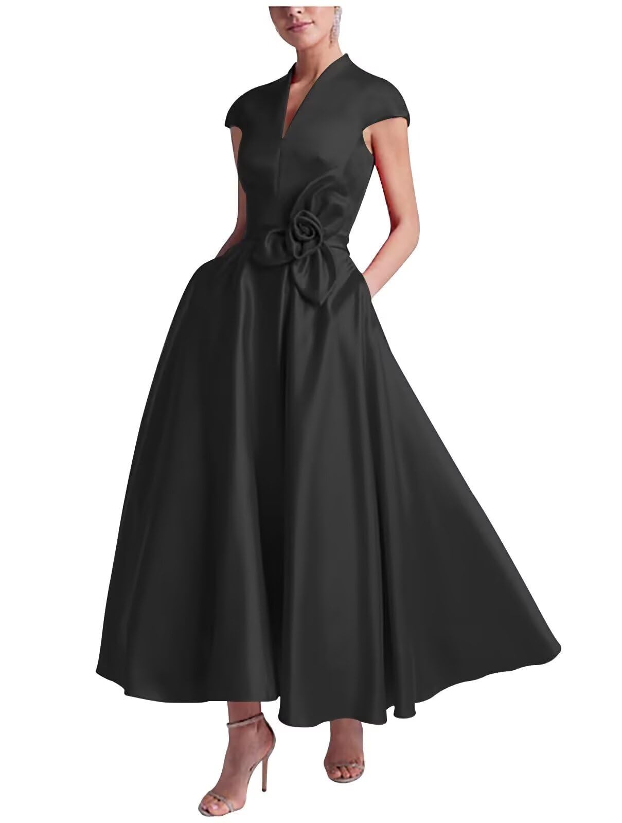 Cap Sleeves Satin Mother of The Bride Dress for Wedding Tea Length Formal Evening Dress