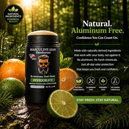 Image of Deodorant for Men - Aluminum Free Men's Natural Deodorant - Long-Lasting Fresh Rugged Woods & Citrus Scent, Stain-Free, Made in USA, 3.2oz - Invigorate