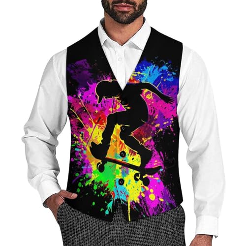 Skateboard Colorful Rainbow Tie-Dye Men's Suit Vests Business Formal Dress V-Neck Waistcoat Tops with 2 Pockets