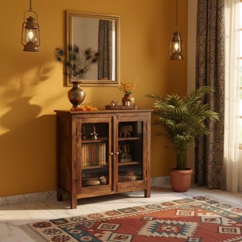 Image of APRODZ 2 Door Cabinet with Wicker Front 2 Shelves | Mango Wood Storage Organizer | Rustic Durable Stylish Wooden Furniture | Compact Design Home Decor (Tubaq)