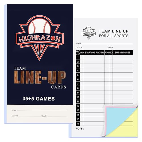 HIGHRAZON Baseball Softball Lineup Cards 40 Games 160 Sheets (4 Part Carbonless Copies) Lineup Cards 16 Player Roster Sheets with Tearing Line Line up Sheets for Coaches