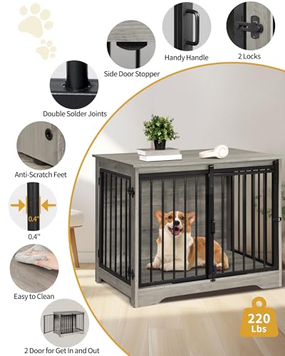 Hzuaneri Hundekäfig Möbel, 81cm hundebox für zuhause, Schiebetüren, 2 Türen, Moderne hundebox Holz Indoor für kleine/mittlere Hunde, Hundekäfig für Zuhause, 81 x 55 x 67,5cm, Hell Elfenbein DFC83605B