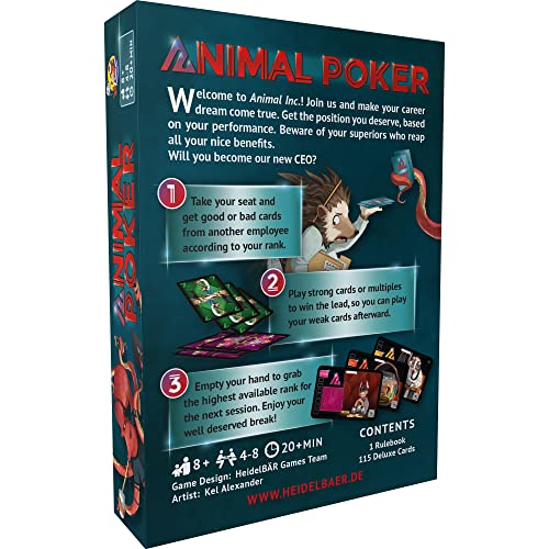 HeidelBär Games Animal Poker - Entertaining Card Game with Animal Illustrations - Fun Family Game and Official Successor of Career Poker - English - 4-8 Players - Ages 8+ – Bild 3