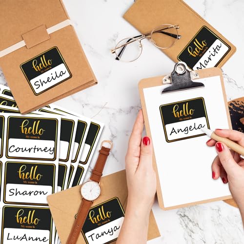 Image of 180 PCS Hello My Name is Name Tag, Gold Foil Name Tags Sticker, 2.5 x 3 Inch Large Name Labels, Black Adhesive Name Tag Labels for Business, Party - Office, School, Home