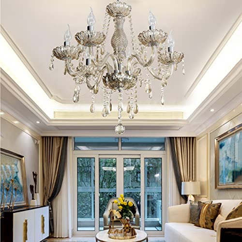 Ridgeyard Lustre classique en cristal Baroque Plafonnier Verre Cristal K9 Éclairage LED Plafonnier Plafond Luminaire,6 lumières,Cognac