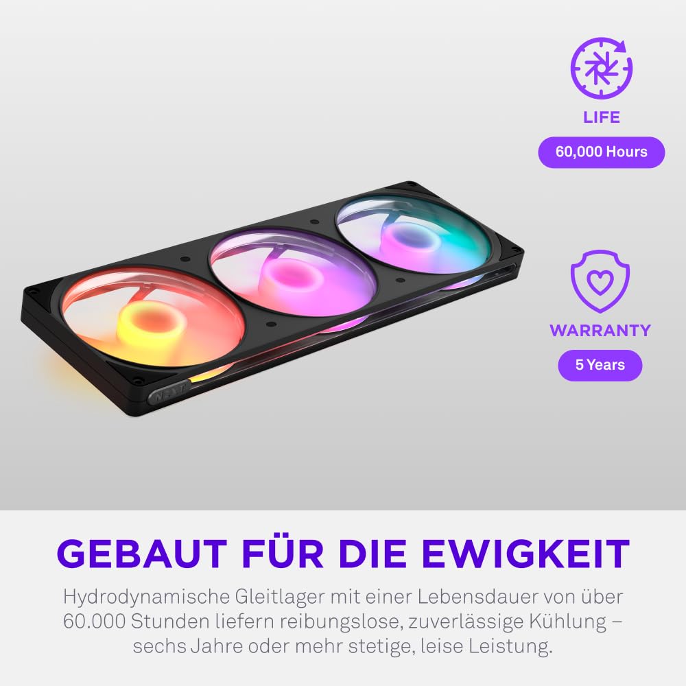 NZXT F420 RGB - 420mm single-frame PWM RGB Lüfter - Schwarz | 420mm single-frame Einheit mit drei 140mm PWM RGB-Lüftern. Lebendiges RGB und Gleitlager für leise Kühlung.