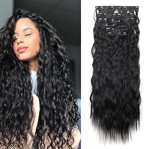 Cybelleza 50cm Extensiones de Clip de Pelo Rizado 6 Piezas Extensiones Pelo Natural Sintético 16 Clips Extensiones de Cabello Largo Ondulado Postizo, Negro