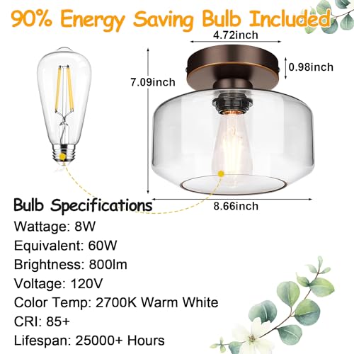 Lynnoland Industrial Semi Flush Mount Ceiling Light Oil Rubbed Bronze, 800 Lumen Led Bulb Included, Clear Glass Shade Ceiling Light Fixture thumb #7
