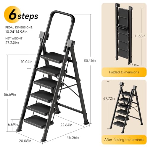 Image of 6 Step Ladder, Retractable Handgrip Folding Step Stool with Anti-Slip Wide Pedal, Carbon Steel Step Stool Ladders for Adult,Safety Household Ladder for Kitchen,Home,Office&Garage