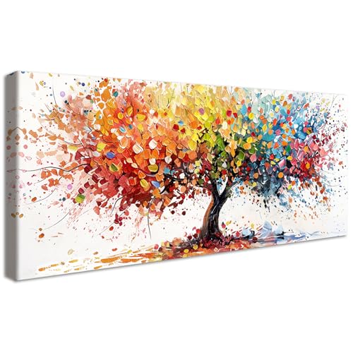 Marco de Madera Grandes Cuadros Decoracion Salon Modernos Árbol de la Vida Colorido Pintura Rojo Naranja Azul Abstracto Lienzo Decorativos Pintura Imagen Cuadros Decorativos Salon Dormitorio 50x120cm