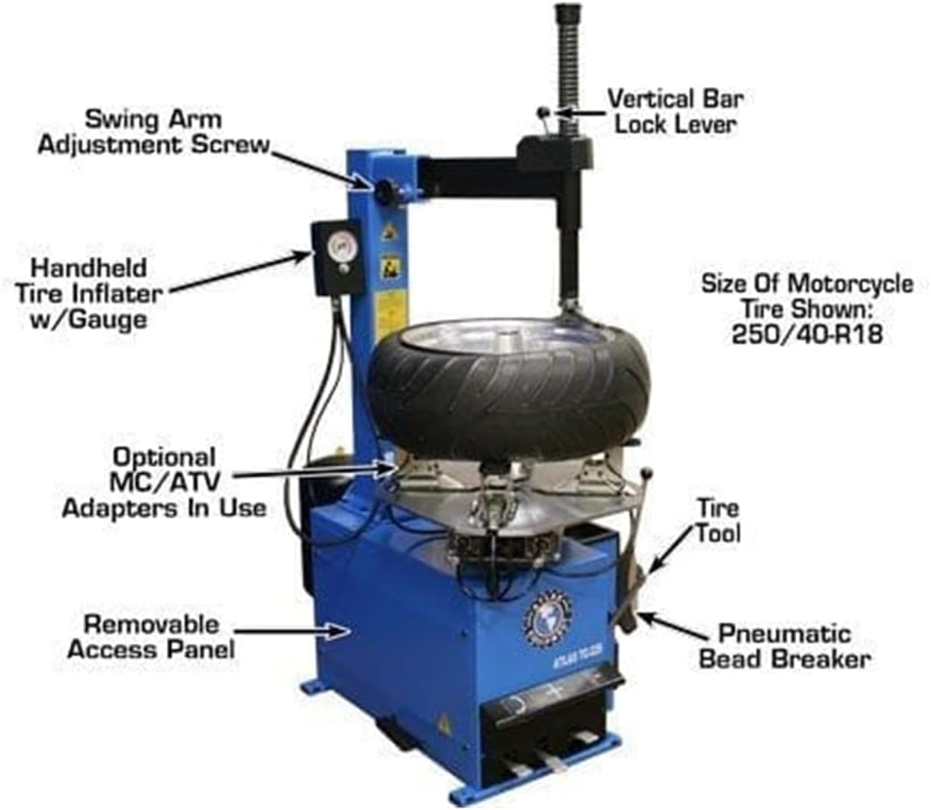 ATLAS TC229 Tire Changer with motorcycle tire, showing vertical bar lock lever, pneumatic bead breaker, and optional adapters.
