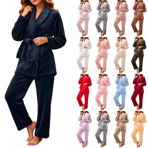 fartey Robe Sets for Women Fleece Pajama Long Sleeve Tops Casual Soft Pant - image 1