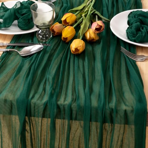 Image of MLMC 6 Pack Emerald Green Table Runner Boho Dark Green Cheesecloth Table Runner 10ft Sheer Gauze Cheese Cloth Decorations for St. Patrick's Day Wedding Bridal Shower Home Party Decor