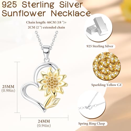 MILACOLATO 925 Sterling Silver Sunflower Necklace 14K Gold Plated You're My Sunshine Sunflower Heart Pendant Necklace Cubic Zirconia Sunflower Jewelry Gift for Women Mom4